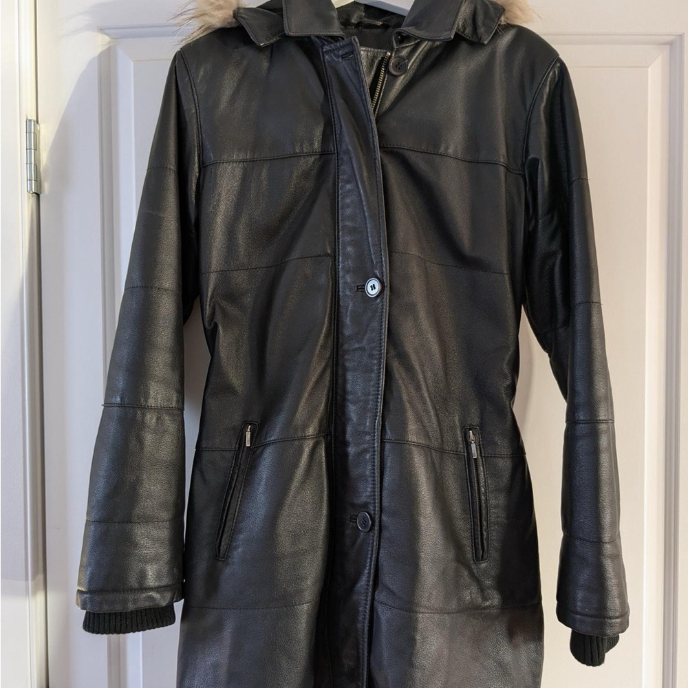 Danier Black Leather Jacket with Hood and Fitted Silhouette